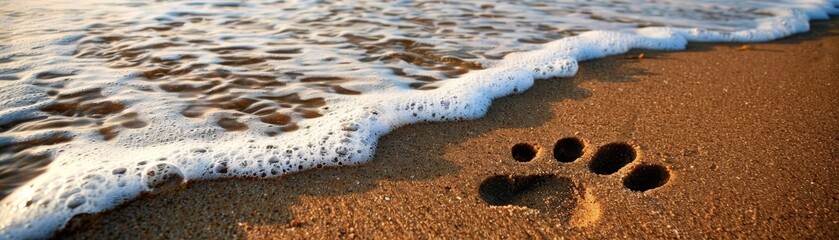 A closeup of a dogs paw print in the sand at a beach, with gentle waves lapping at the shore