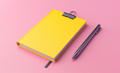 Yellow notebook and black pen on a pink background.