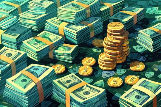 3D cartoon style illustration of piles of money bills and coins symbolizing wealth and financial security Perfect for use in content related to financial stability and money management Eye-catching