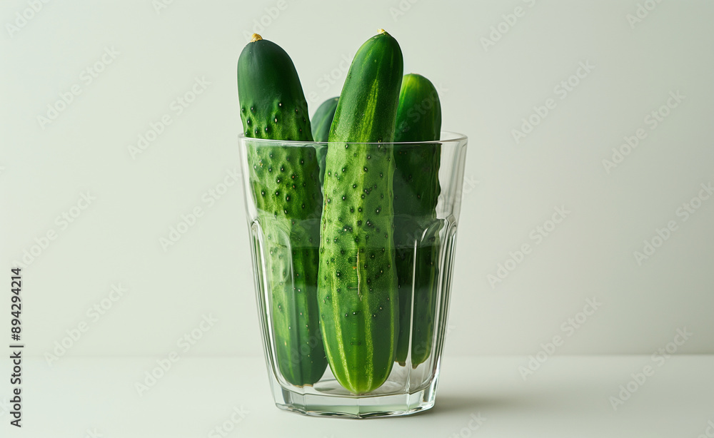 Poster three cucumbers neatly placed inside a transparent glass against a plain background.