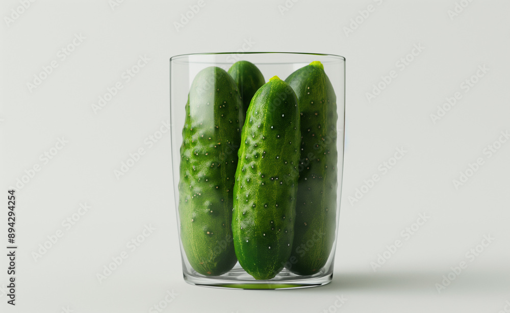 Poster three cucumbers neatly placed inside a transparent glass against a plain background.
