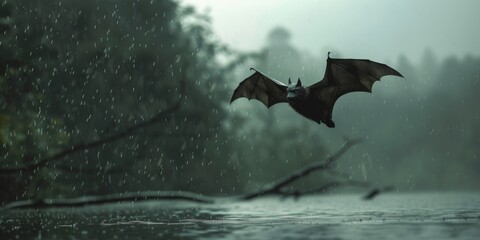 Fototapeta premium Mysterious Nocturnal Flight: Bats Soaring Through Rainy Night Sky. AI-Generated 4K Wallpaper Capturing Eerie Beauty of Winged Mammals in Stormy Weather. Atmospheric Dark Background for Nature Enthusia