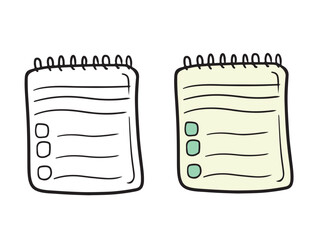 Spiral book with to do list in in beige and green colors isolated on white background. Hand drawn vector sketch illustration in doodle engraved vintage line art style. Coloring book, diary, goals.