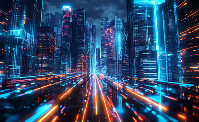 Fototapeta premium Futuristic cityscape with glowing neon lights and advanced technology.
