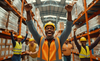 Group of enthusiastic warehouse workers in safety vests and helmets celebrating.