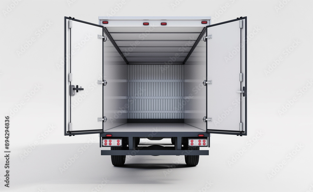 Poster empty open back of a delivery truck facing forward with doors wide open.