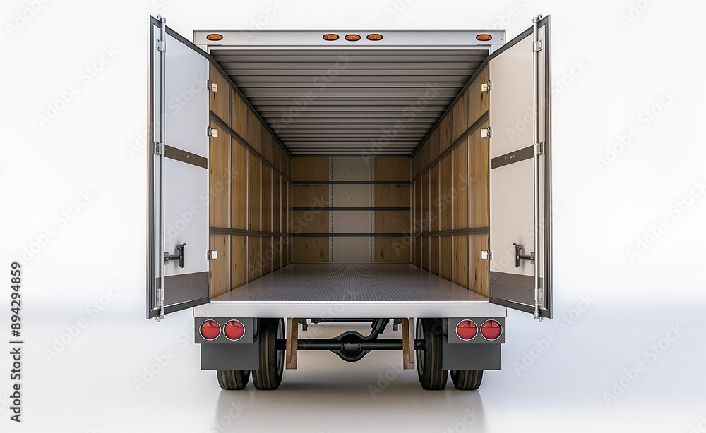 Poster empty open back of a delivery truck facing forward with doors wide open.