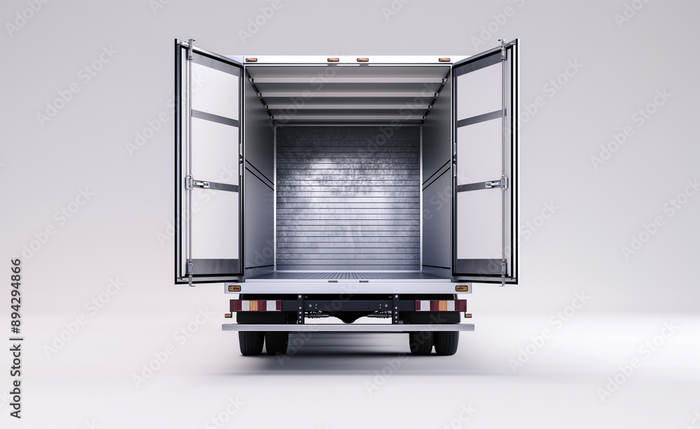 Poster empty open back of a delivery truck facing forward with doors wide open.