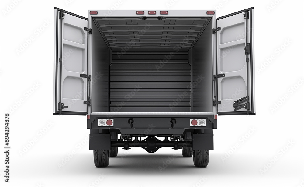 Poster empty open back of a delivery truck facing forward with doors wide open.