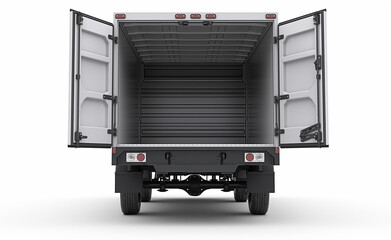 Empty open back of a delivery truck facing forward with doors wide open.