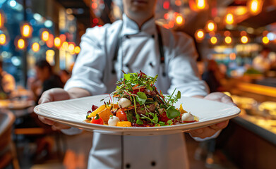 Chef presenting a beautifully plated dish in a vibrant restaurant setting.