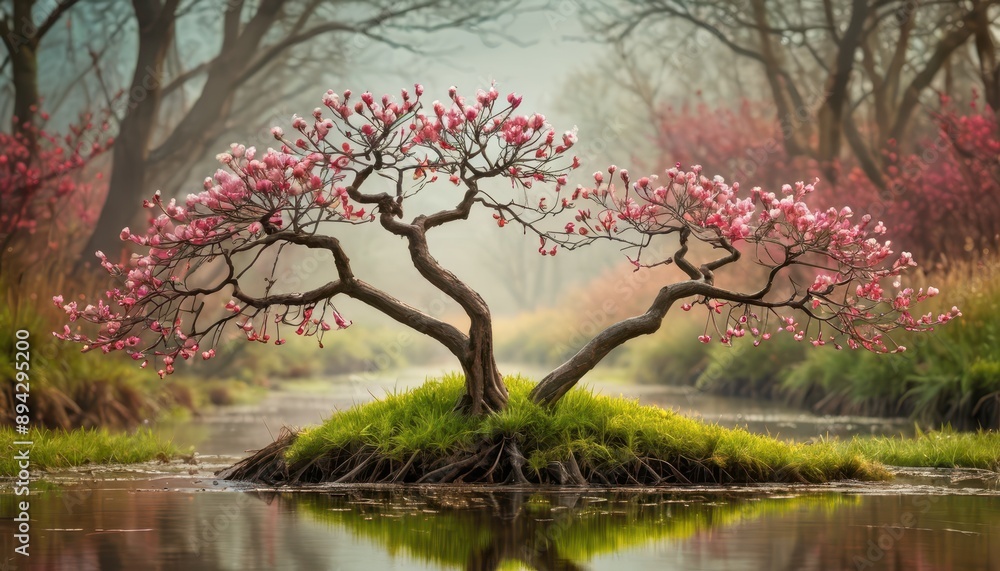 Poster Pink Magnolia Tree in Spring by the Water.