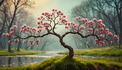 Fototapeta premium Pink Blossom Tree in a Foggy Forest.
