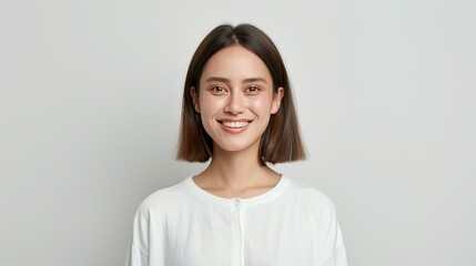 Realistic half-portrait of a cheerful Indonesian woman with a beaming smile on a plain background, highlighting her joyful demeanor and natural beauty. Realistic photo, Portrait , Minimalism,