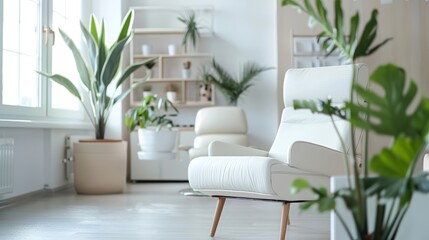 Elegant modern psychologist's office interior featuring comfortable furniture, eco-friendly design, and potted plants - sleek, sustainable white space with biophilic elements and green decor