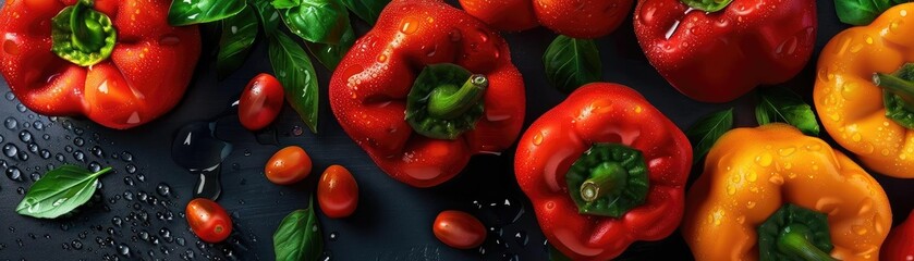 Fresh red and yellow bell peppers with cherry tomatoes and basil leaves on a dark surface, showcasing vibrant colors and healthy eating.
