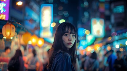 Young Woman Strolling Through Vibrant Night Market Street