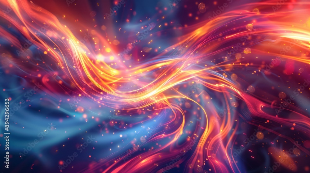 Poster dynamic energy flow visualization with abstract light trails and vibrant particle waves on dark back