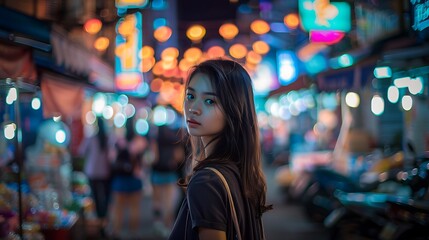 Fototapeta premium Young Woman in Vibrant Night Street with Colorful Lights