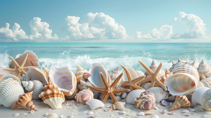 A collection of seashells and beach scenes , collage, copy space