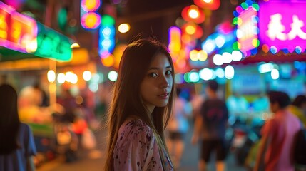 Young Woman In Vibrant Night Market With Neon Lights
