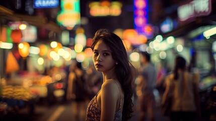 Fototapeta premium Woman in a Bustling Night Market with Colorful Neon Lights