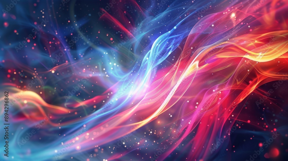 Poster dynamic energy flow visualization with abstract light trails and vibrant particle waves on dark back