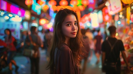 Young Woman in Vibrant Night Market with Colorful Lights