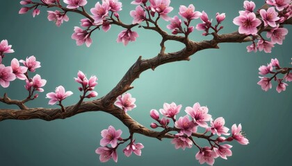 Obraz premium Pink Cherry Blossom Branch on Teal Background.