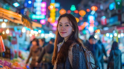 Obraz premium Young Woman Exploring Vibrant Night Market with Neon Lights