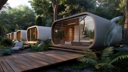Obraz premium Modern Minimalist Eco-Friendly Capsule Homes in a Tranquil Forest Setting: A row of sleek, modern capsule homes nestled amidst lush greenery, showcasing sustainable and minimalist