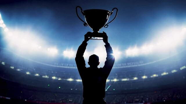 Silhouette of race car driver celebrating the win in a race against bright stadium lights, rising a trophy over his head 4k video victory,winner