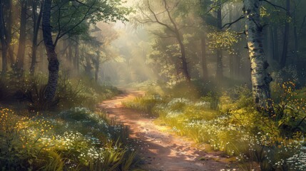 Fototapeta premium A sunlit pathway winding through a spring forest, inviting viewers to explore and discover.
