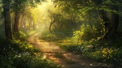 Obraz premium A sunlit pathway winding through a spring forest, inviting viewers to explore and discover.