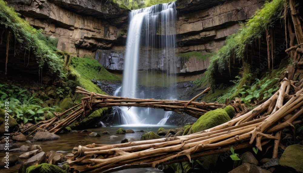 Poster waterfall and log bridge in lush forest.