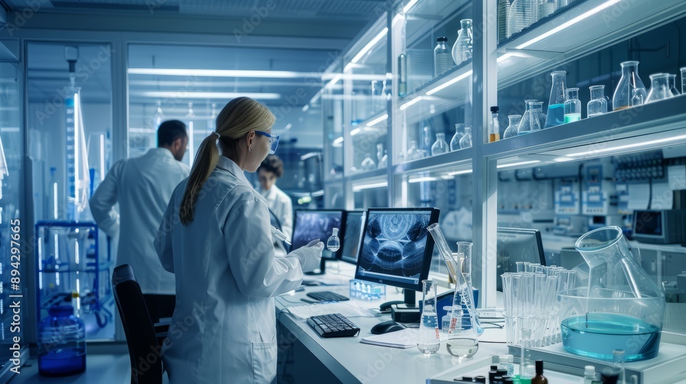 Poster female and male scientists collaborating on computers in a spacious modern laboratory with shelves f