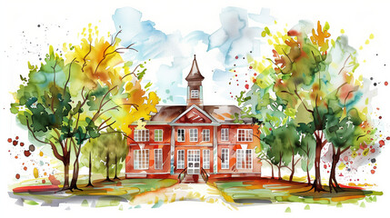 Watercolor painted school building with trees around, leaving white space at the center , background, school, students, watercolor style