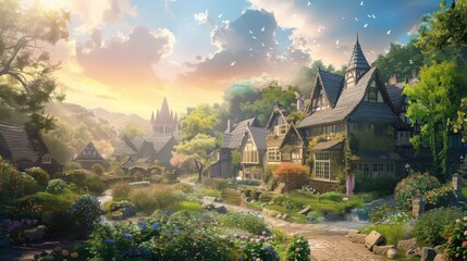 Naklejka premium A sunny sky over a charming countryside village brings out the beauty and simplicity of the place, with sunlight illuminating the quaint houses and gardens