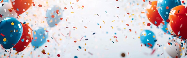 Colorful balloons and confetti with the American flag in the background symbolize a festive patriotic celebration