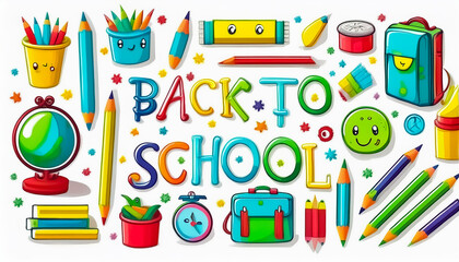 Fototapeta premium Back to school greeting text with stationery items such as books, bags, pencils, globe, ruler, eraser, notebook