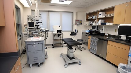 A surgery room featuring an advanced anesthesia machine, surgical microscopes, and a clean, organized layout.