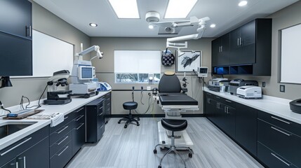 A surgery room featuring an advanced anesthesia machine, surgical microscopes, and a clean, organized layout.