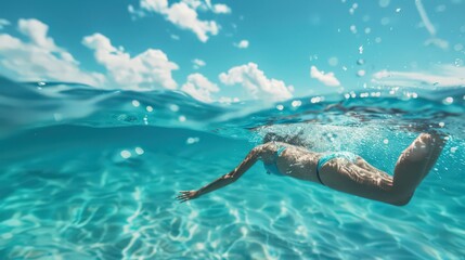 A swimmer dives into crystal-clear waters and swims under blue skies, enjoying the refreshing waters and aquatic freedom.