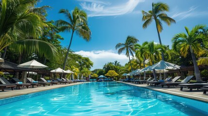 A swimming pool surrounded by palm trees and lounge chairs, with families and friends enjoying the refreshing water under the blazing summer heat