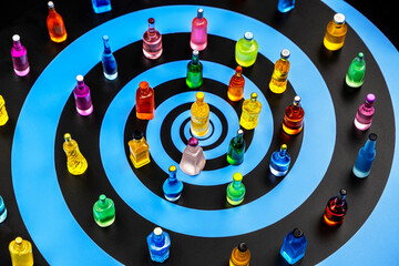 various miniature bottles of alcohol without labels on table with endless hypnotic spiral