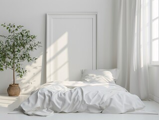 White Minimalist Bedroom Interior with Blank Frame Mockup, Sunlight and Plant in Pot.