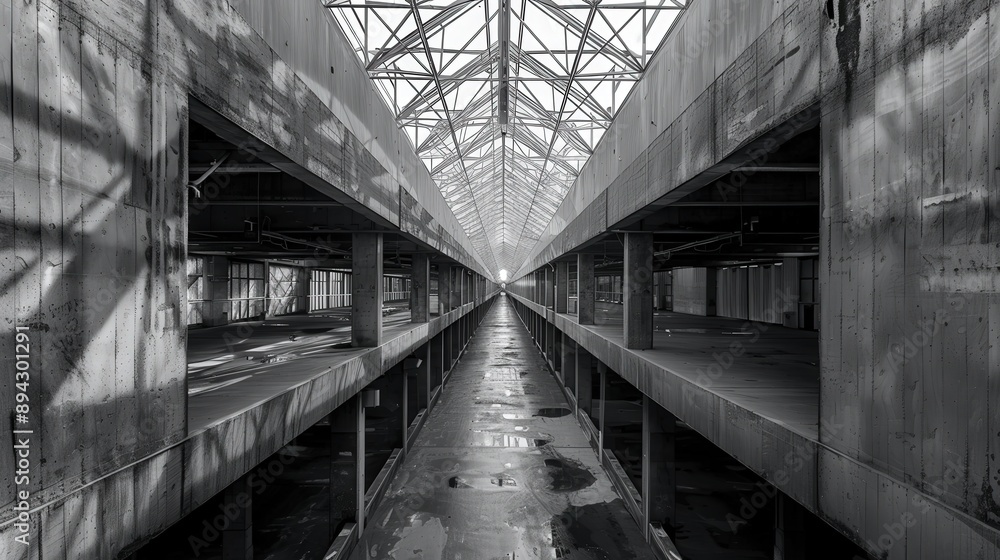 Poster focus on the symmetry and repetition of warehouse architecture, creating abstract compositions with 
