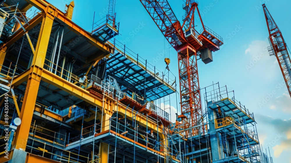 Poster focus on the synchronized movements of automated cranes and machinery assembling structural componen