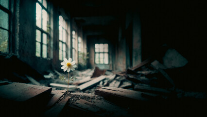 廃墟の荒れた室内に咲く白い花