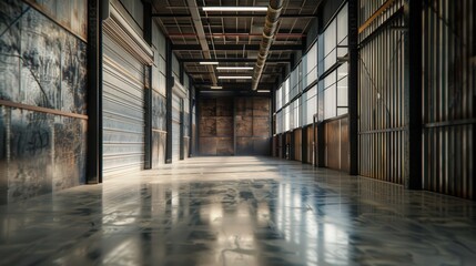 Focus on the textures and materials of warehouse surfaces, from corrugated metal walls to polished concrete floors.